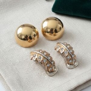 Lot of 2 Vintage Clip-On Earrings: Gold Tone Polished Domes & Stone Feathers